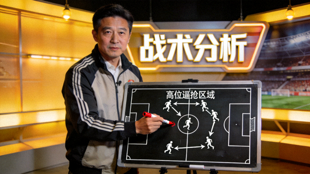 战术分析节目中教练在战术板上讲解高位逼抢跑位的画面